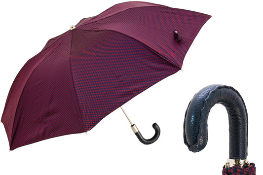 Red & Navy Pied de Poule Folding Umbrella
