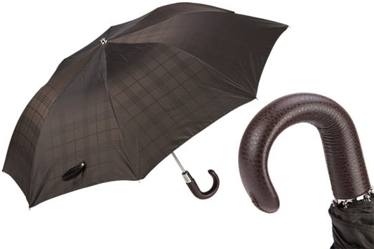 Brown Check Umbrella with Leather Handle