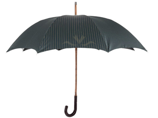 Green Umbrella with Camel Stripes and Braided Leather Handle