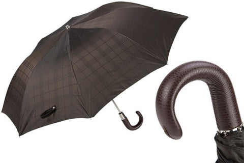 Brown Check Umbrella with Leather Handle