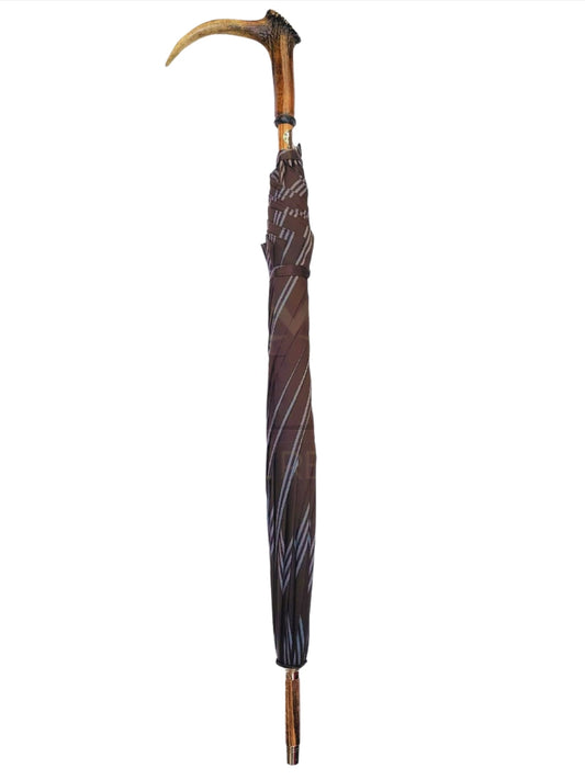 Brown Umbrella with Grey Stripes and Deer Horn Handle
