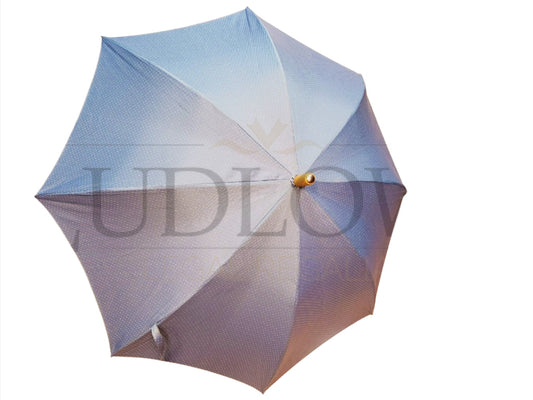Blue Umbrella with White Dots and Leather Handle
