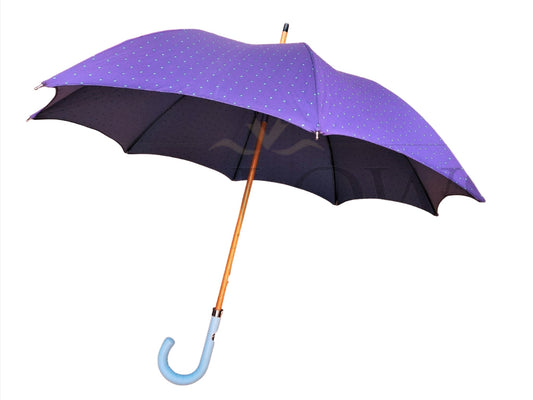Purple Umbrella with Blue Dots and Leather Handle