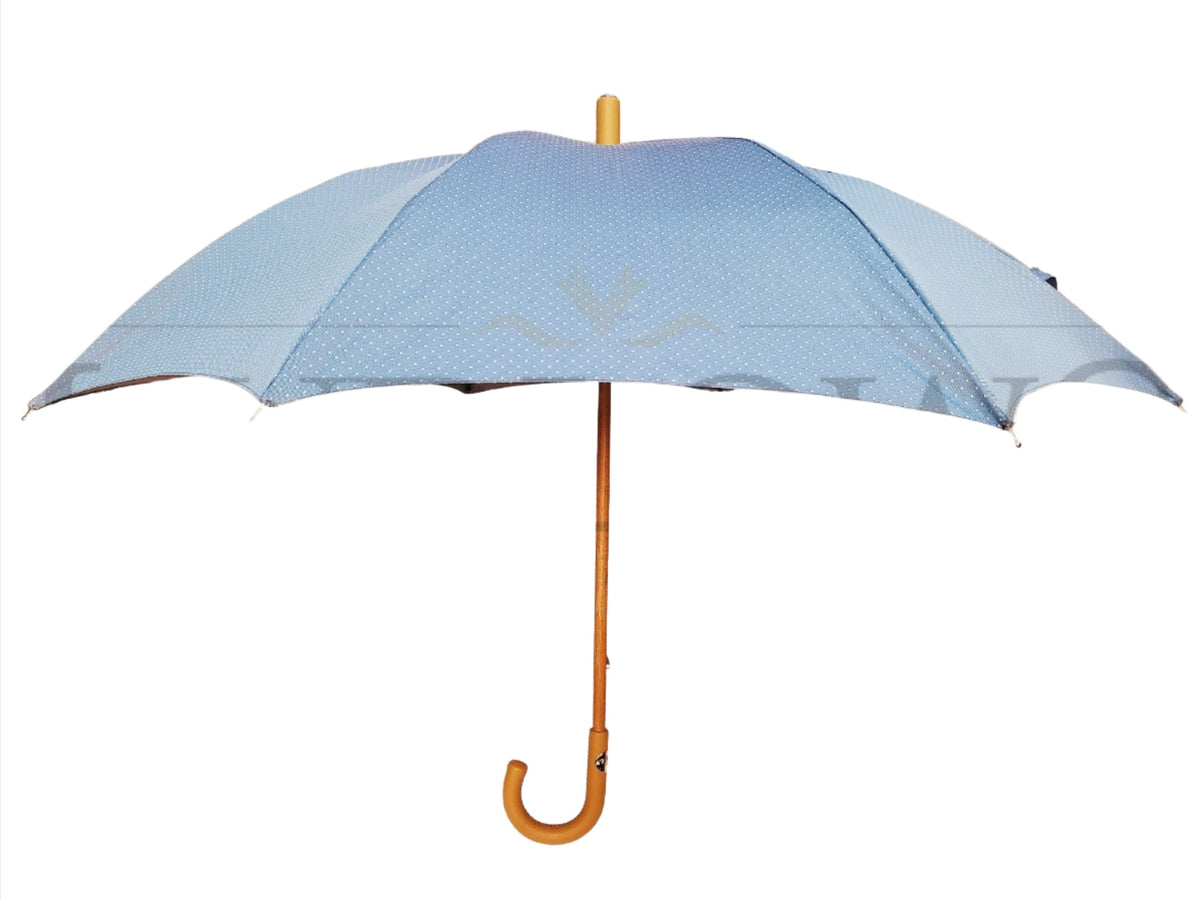 Blue Umbrella with White Dots and Leather Handle