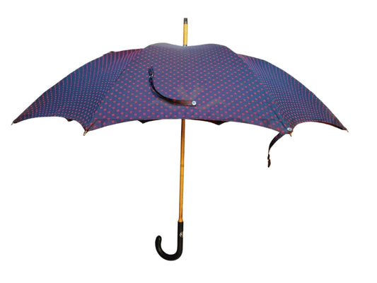 Navy Umbrella with Red Flower Pattern and Ostrich Leather Handle