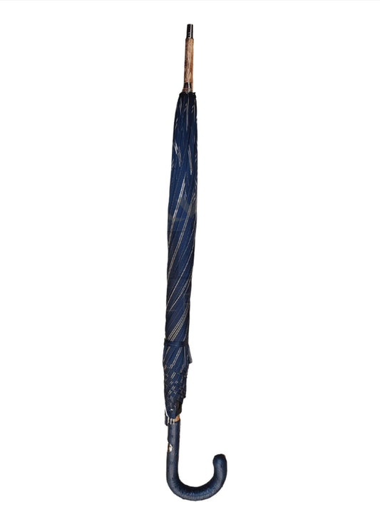 Navy Umbrella with Camel Stripes and Ostrich Leather Handle