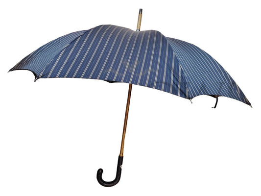 Navy Umbrella with Camel Stripes and Ostrich Leather Handle