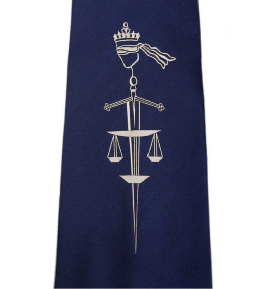 Tie – Centred Scales of Justice – Blue/Red/Black