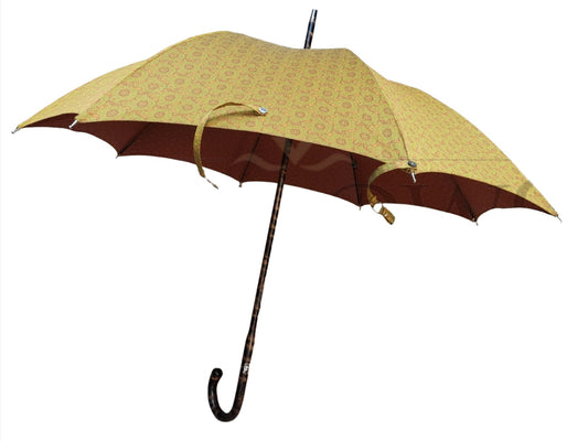 Yellow Umbrella with Red Pattern and Tiger Maple Handle