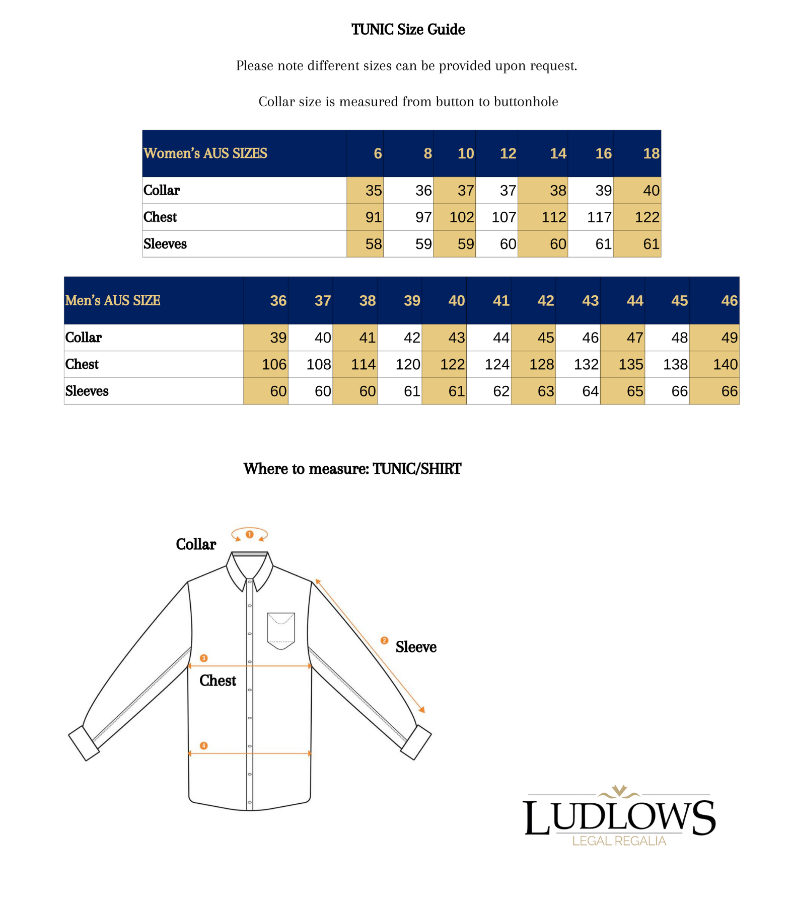 Size guide – Ludlows Legal Regalia