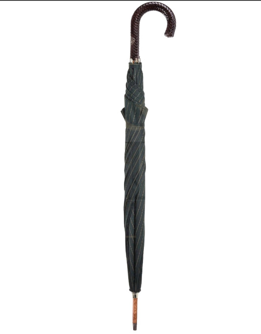 Green Umbrella with Camel Stripes and Braided Leather Handle
