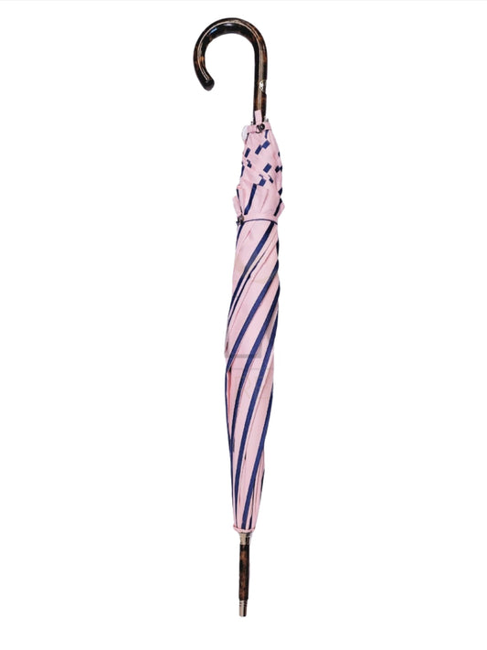 Pink Umbrella with Navy Stripes and Dark Maple Handle