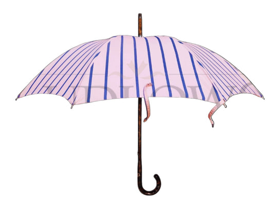 Pink Umbrella with Navy Stripes and Dark Maple Handle