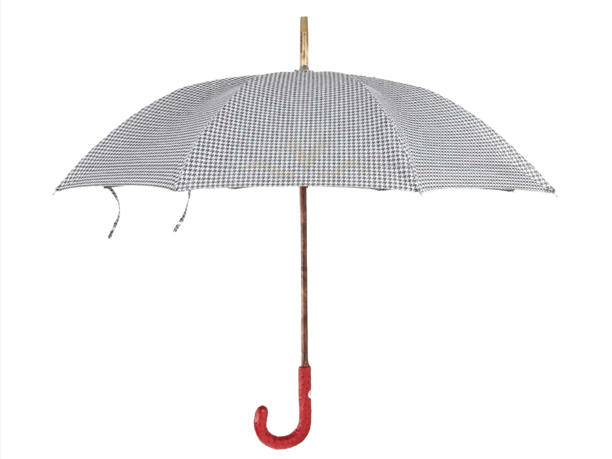 Black and White Patterned Umbrella with Red Ostrich Leather